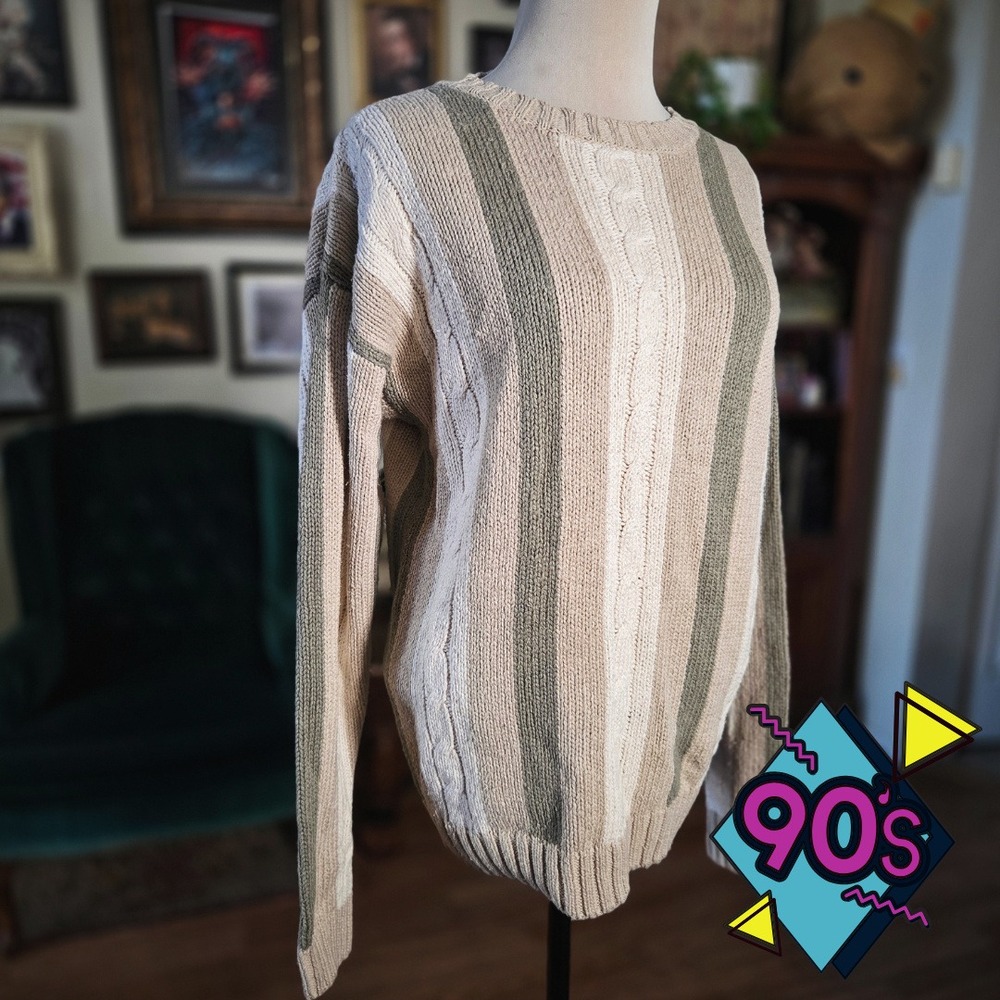 Method Sweater Vintage 90s Mens Medium Silk Cotton Striped Cable Knit Earth Tone